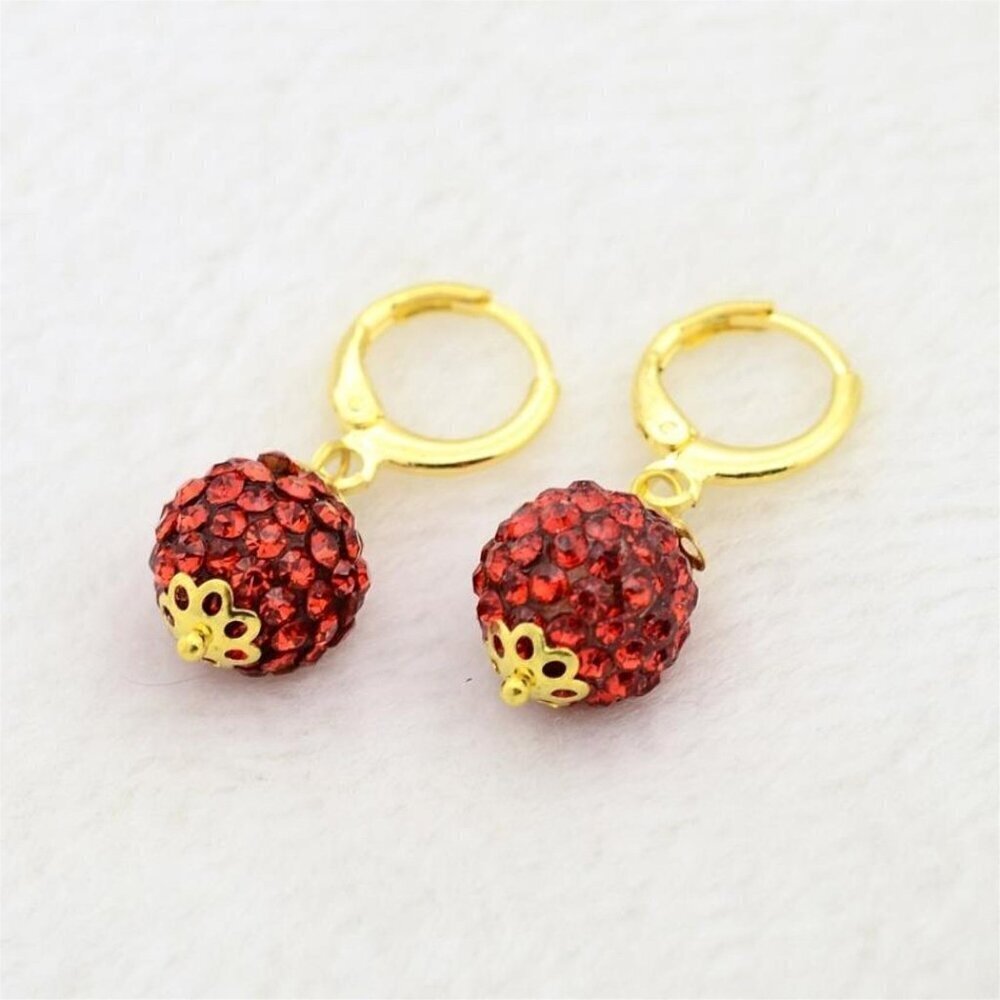 Elegant Light Siam Austrian Crystal Ball Dangle Red and Gold Earrings